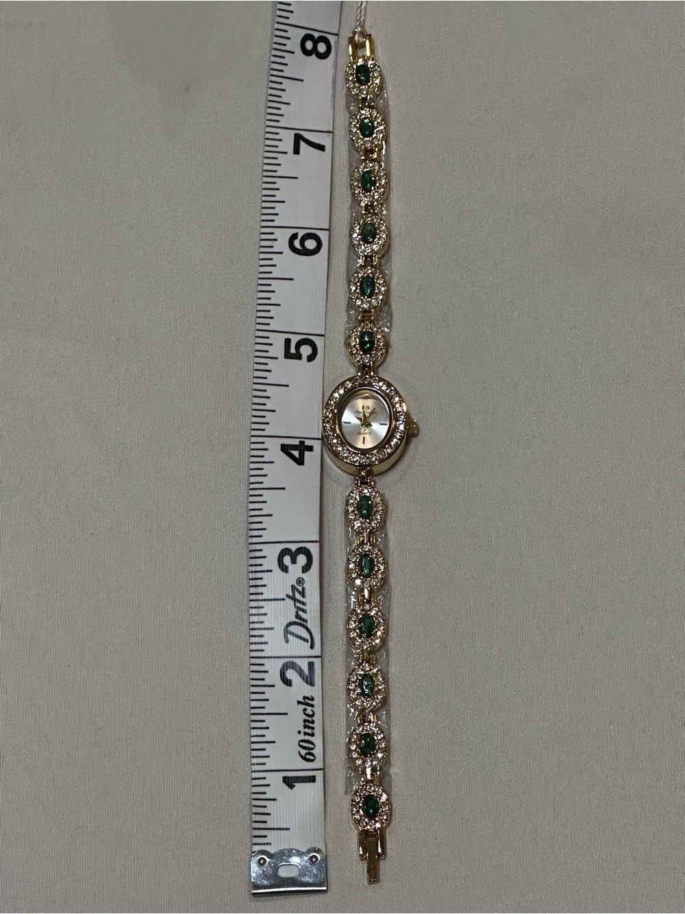 Vintage Inspired Dainty Gold-Tone Ladies Bracelet Watch with Green Stone Accents - Picture 14 of 14